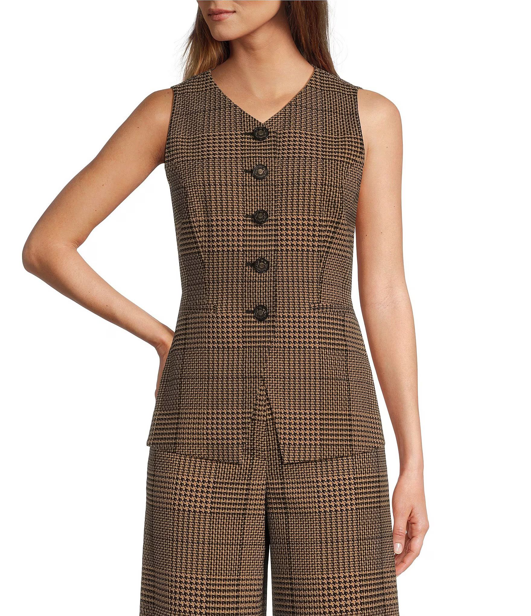 Ivy Houndstooth V-Neck Sleeveless Button Front Long Line Coordinating Vest | Dillard's