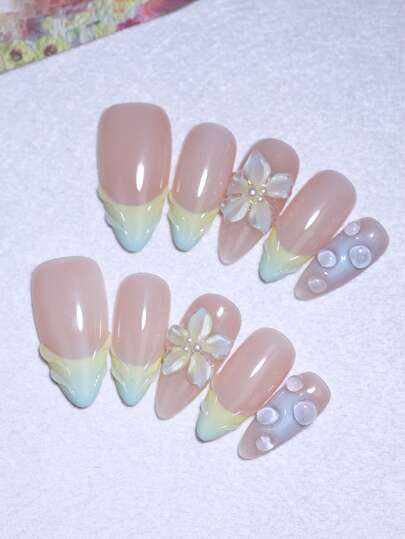 10pcs French Almond Style Ombre Blue 3D Handmade Shell Pattern Nail Art Decorations, 100% Handmad... | SHEIN
