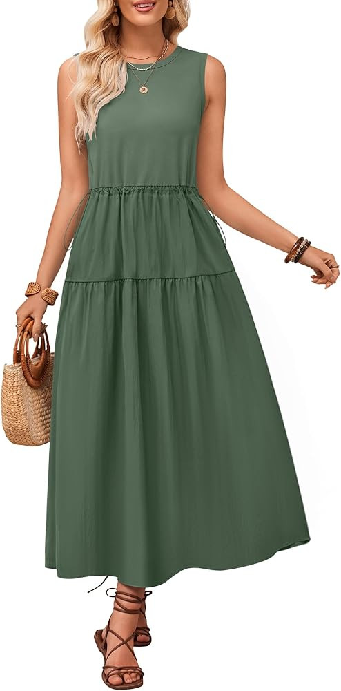 ZESICA Women's 2024 Summer Sleeveless Midi Dress Casual Crewneck Drawstring Waist Flowy Long Dres... | Amazon (US)