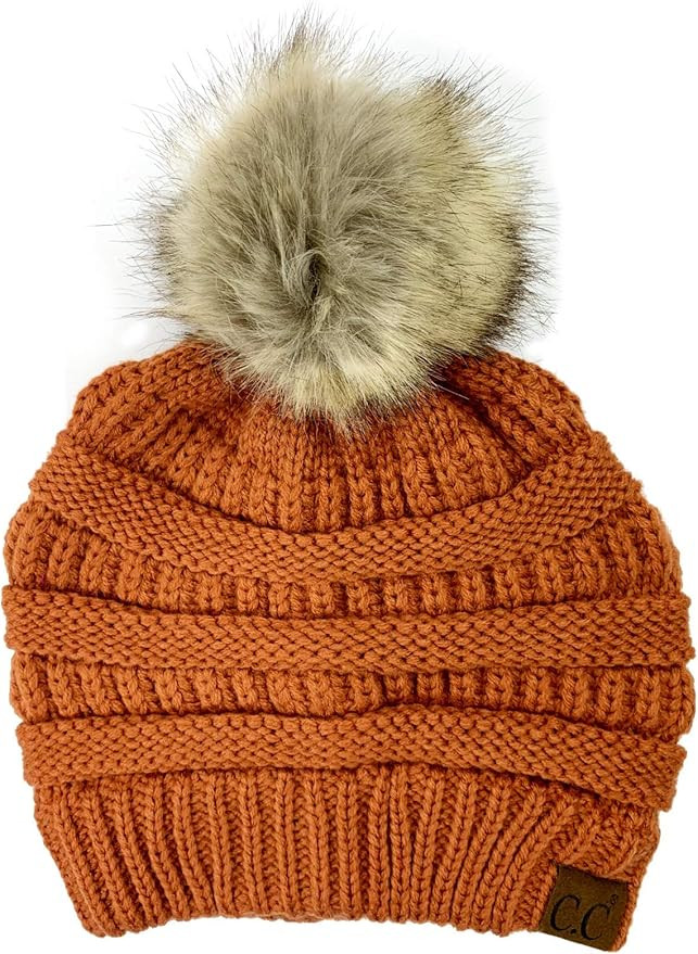 Plum Feathers Soft Stretch Cable Knit Ribbed Faux Fur Pom Pom Beanie Hat | Amazon (US)