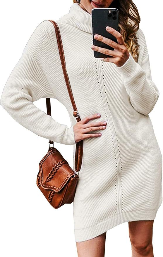 Miessial Women's Thick Cable Knit Turtleneck Sweater Mini Dress Winter Elasticity Long Pullover S... | Amazon (US)