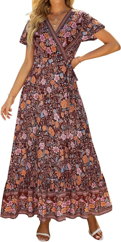 ZESICA Women's Bohemian Floral Printed Wrap V Neck Short Sleeve Split Beach Party Maxi Dress | Amazon (US)