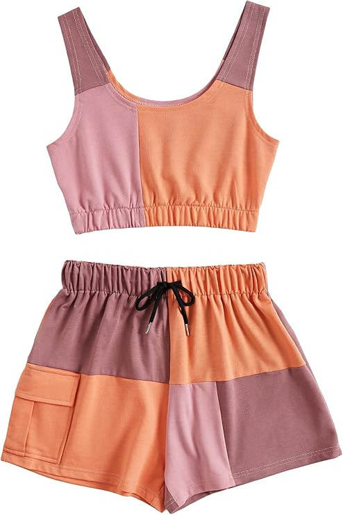 GORGLITTER Women's 2pcs Colorblock Patchwork Outfits Crop Tank Top Drawstring Waist Flap Pocket S... | Amazon (US)