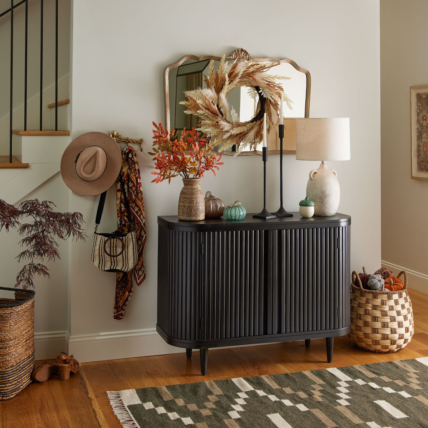 Hensley Antique Black Wood Fluted Media Stand | World Market