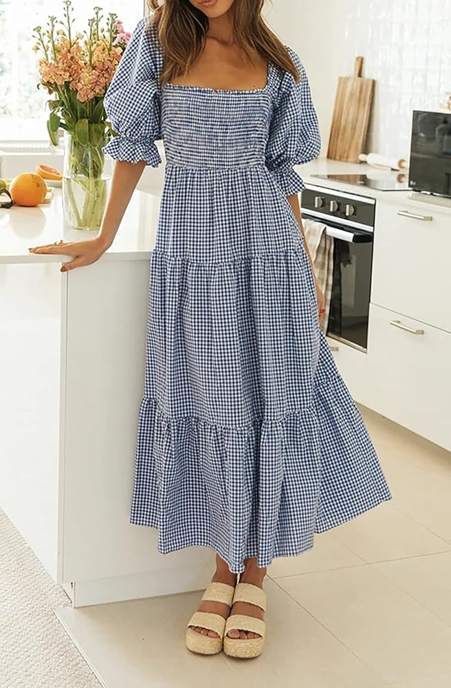 R.Vivimos Women's Summer Cotton Plaid Puff Sleeves Bow Casual Off-Shoulder Boho Midi Dress | Amazon (US)