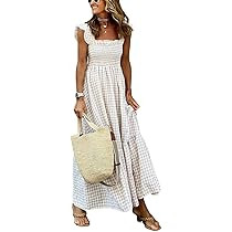 chouyatou Women's Retro Plaid Smocked Dress Spaghetti Strap Flounce Long Dress (Medium, Sky Blue)... | Amazon (US)