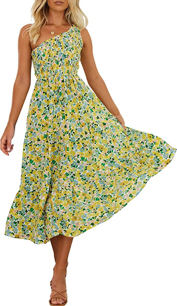 ANRABESS Women's 2023 Summer Bohemian One Shoulder Sleeveless Smocked Ruffle Tiered Beach Maxi Su... | Amazon (US)