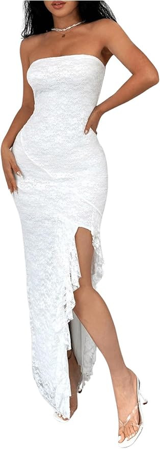 Milumia Women's Floral Lace Ruffle Split Hem Bodycon Tube Long Dress | Amazon (US)