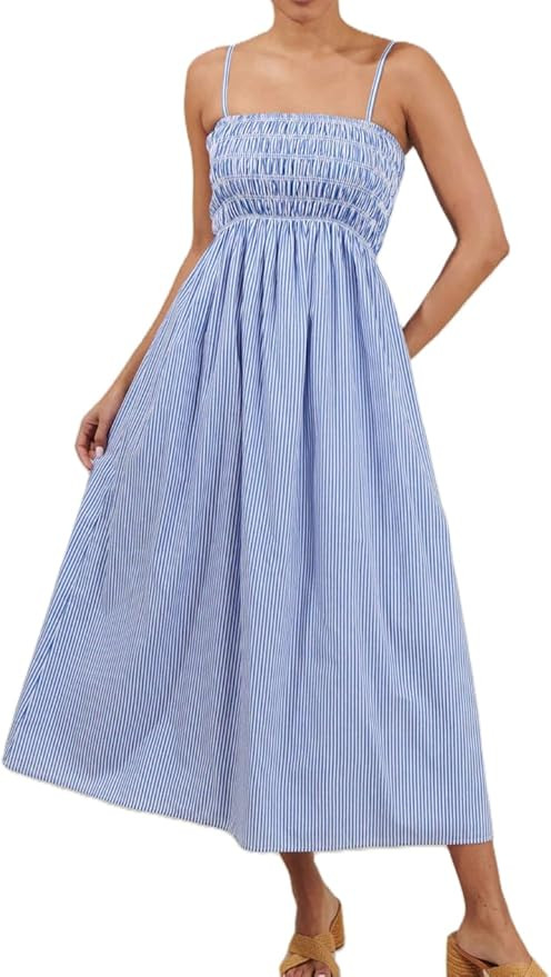 Women Striped Maxi Cami Dress Boho Spaghetti Strap Flowy Long Sundress Y2k Shirred Smocked Midi D... | Amazon (US)