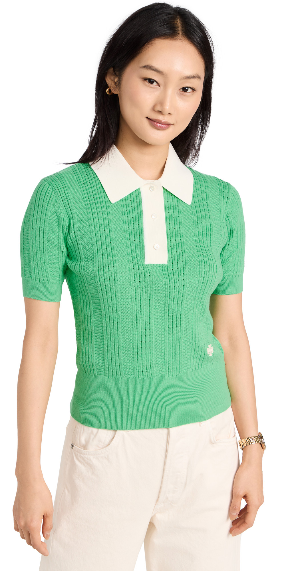Tory Burch Cotton Pointelle Polo Sweater | Shopbop
