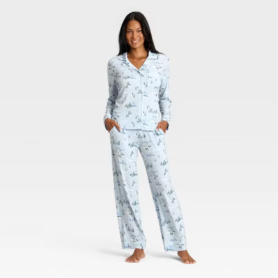 Women's Cloud Knit Modal Long Sleeve Notch Collar Top and Pants Pajama Set - Auden™ Blue 'Tis t... | Target