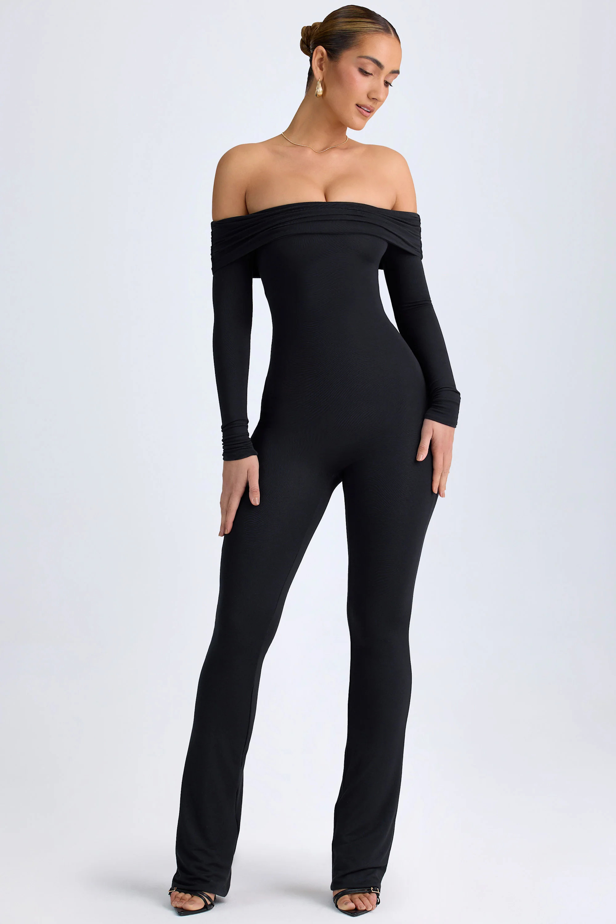 Agnesa Modal Off-Shoulder Ruched Jumpsuit in Black | Oh Polly | Oh Polly