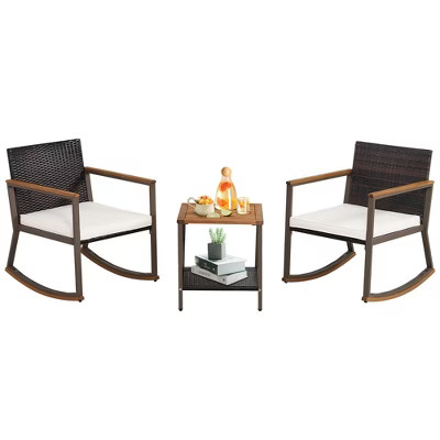 Tangkula 3PCS Patio Rattan Rocking Chair Bistro Set Armrest Cushion Table w/ Storage Shelf | Target