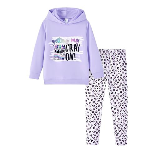 PATPAT Girls 2 Piece Outfits Size 8-9 Years Purple Letters Graphic Print Hoodies and Leopard Leggings Clothing Sets Little Girls Clothes Cute Hoodies Sweat Set Sweatshirt Pant Sets | Amazon (US)