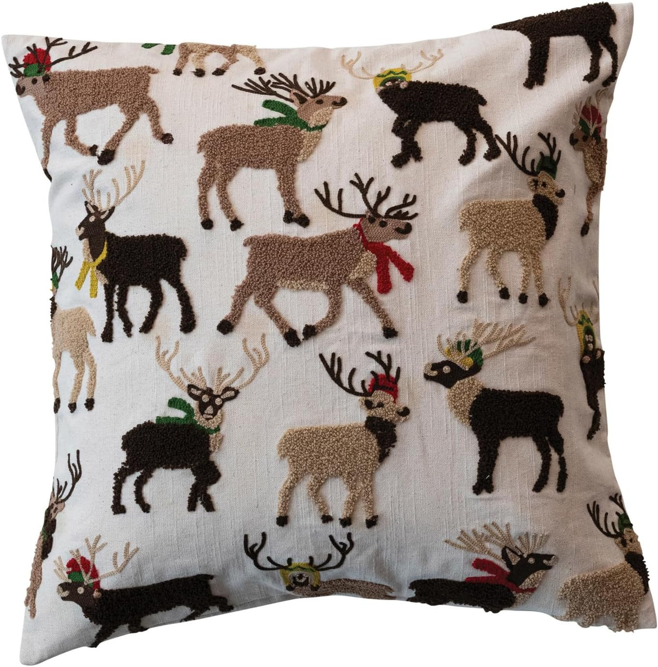Creative Co-Op, Multicolor Square Cotton Slub Pillow with Tufted and Embroidered Reindeer | Amazon (US)