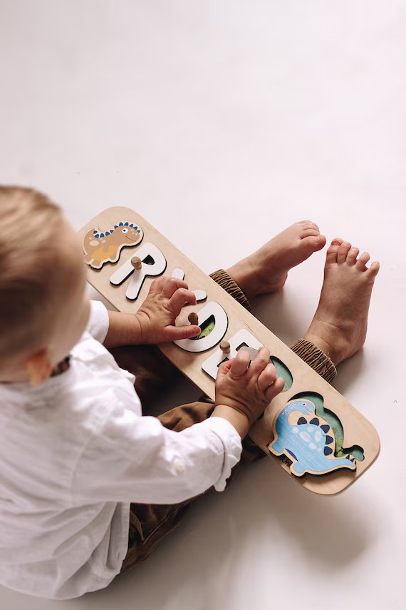 Wooden Name Puzzle Personalized Gift Baby Boy Dinosaur Puzzle Montessori Toys for Toddler Gift Ba... | Etsy (US)