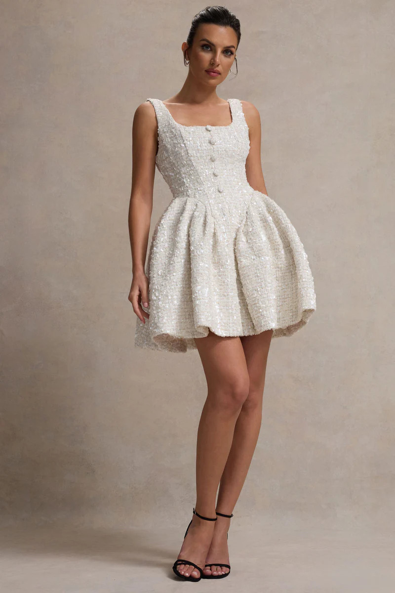 Sugar Plum  Cream Boucle Square-Neck Mini Dress | Club L London