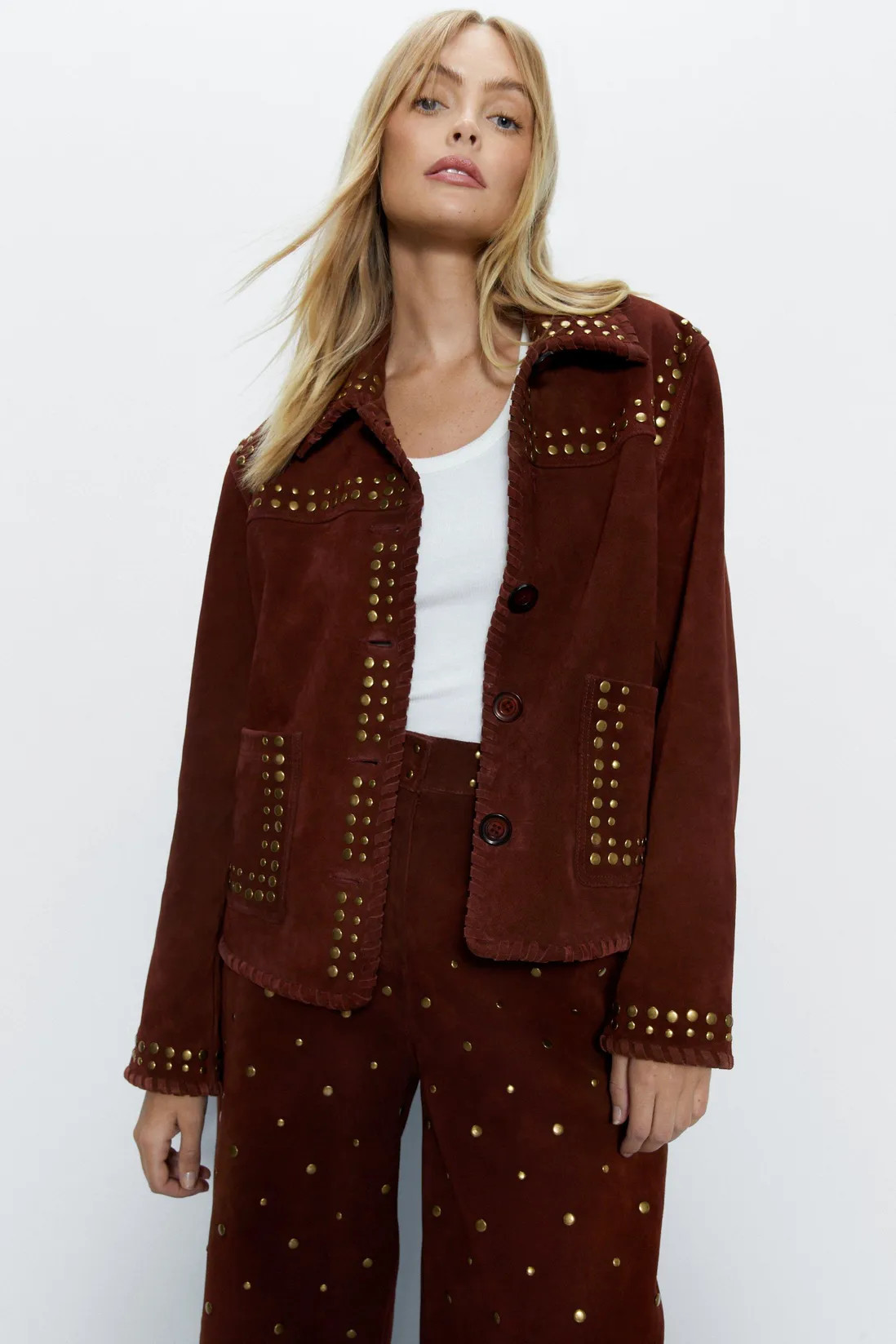 Jackets & Coats | Real Suede Studded Trim Jacket | Warehouse | Warehouse UK & IE