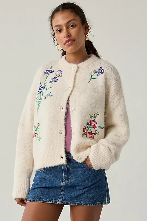 BDG Becca Embroidered Brushed Knit Oversized Cardigan in Neutral, Women's at Urban Outfitters | Urban Outfitters (US and RoW)