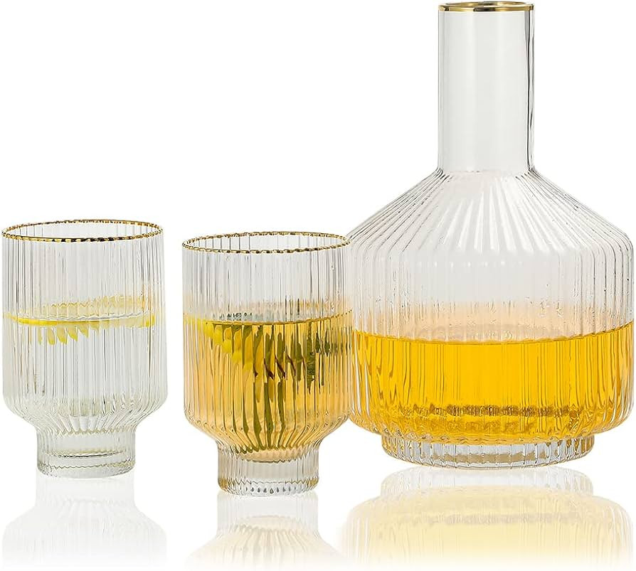 1500 C Tabletop Tiara Optic Swirl Bedside Carafe 1 Pitcher 59 oz. and 2 Tumblers 11.5 oz. Gold Ri... | Amazon (US)