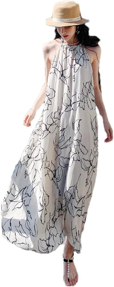 Summer Spaghetti Strap Dress Women's Casual Holiday Style Printed Dress High Waist Backless Robe | Amazon (US)