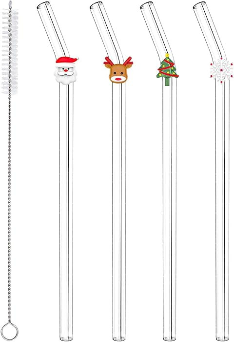 4 Pcs Christmas Cute Glass Straws with Charms, Colorful Clear Christmas Reusable Glass Straws Sha... | Amazon (US)