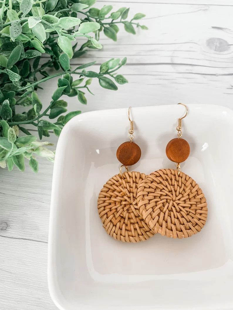 Circle Woven Rattan Earrings Boho Straw Wicker Earrings Drop Statement Earrings - Etsy | Etsy (US)