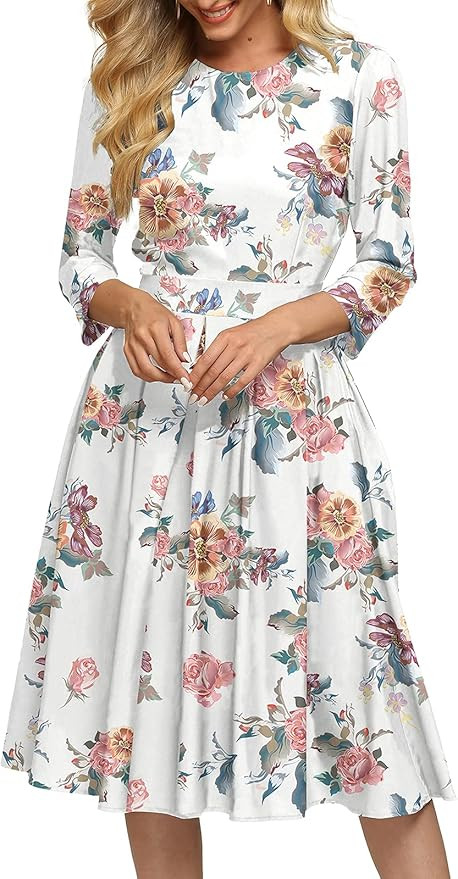 Simple Flavor Women's Floral Vintage Dress Elegant Midi Evening Dress 3/4 Sleeves | Amazon (US)