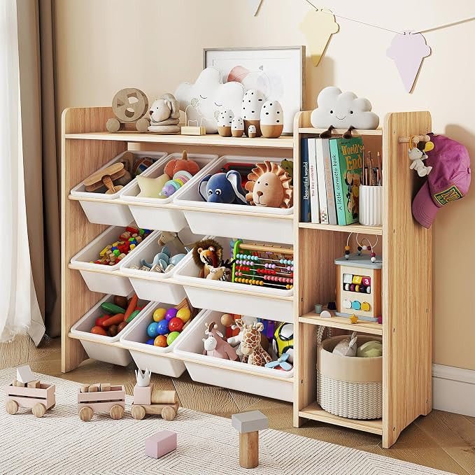 Kids Toy Storage Organizer, Wooden Shelf with 3 Tiers and 9 Storage Bins, Nursery Room Organizer ... | Amazon (US)