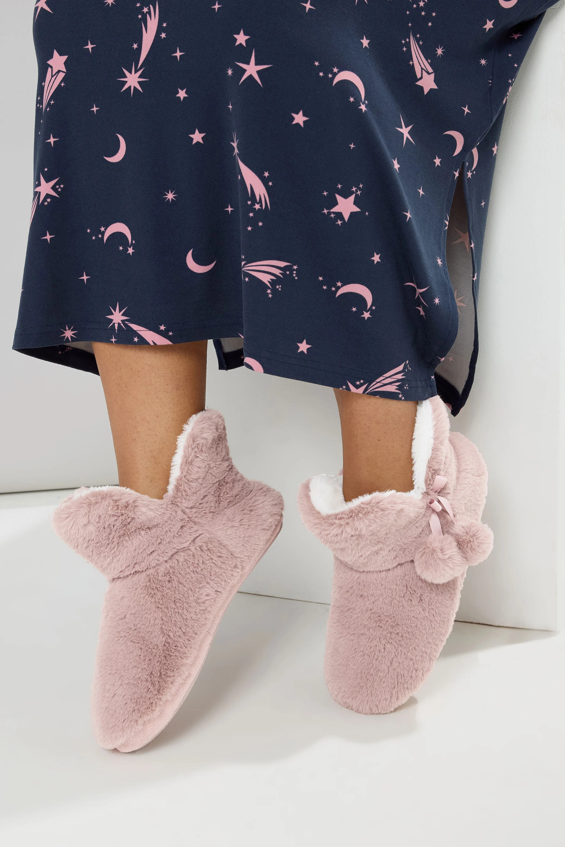 Yours Pink Pom Pom Faux Fur Boot Slippers | Long Tall Sally