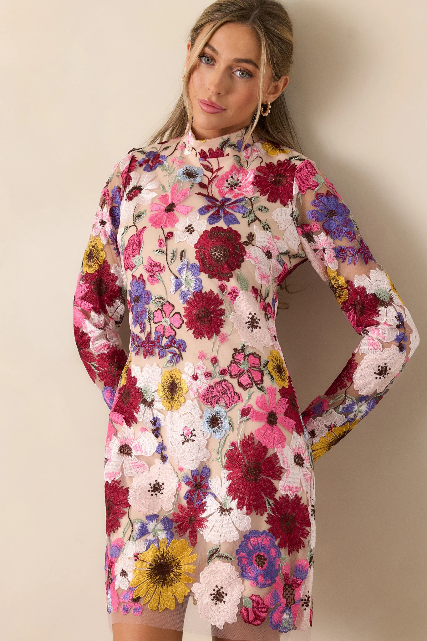 Petals Of Time Fuchsia Multi Floral Mini Dress | Red Dress