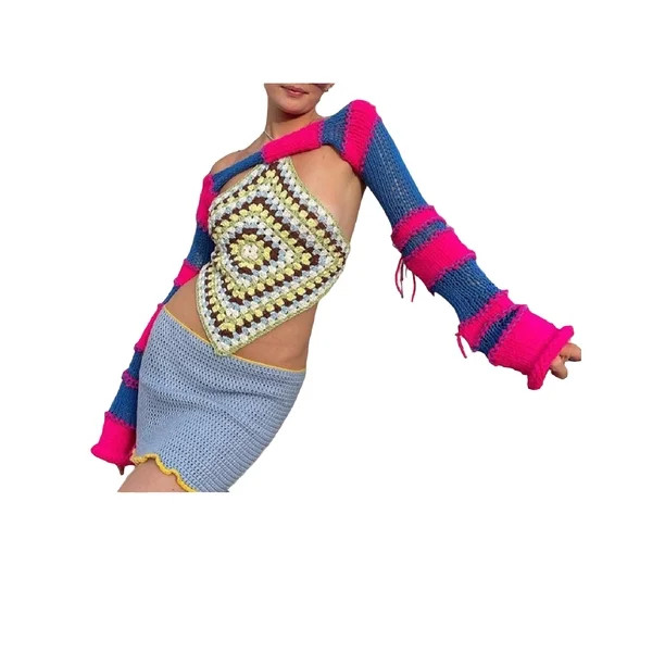 Women Y2k Long Sleeve Knit Sweater Shrugs Casual Color Block Crochet Cropped Knitted Cutout Crop ... | Walmart (US)