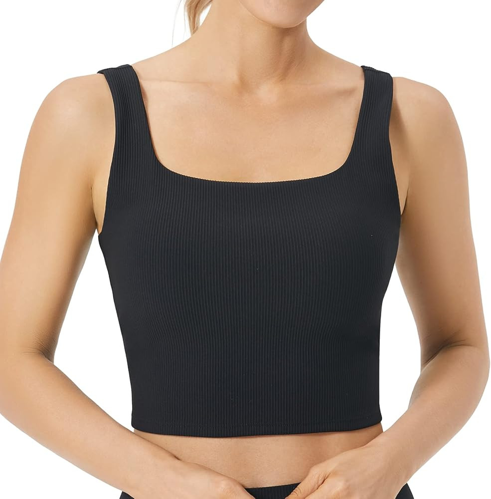 FITTIN Women's Longline Sports Bra - Ribbed Tank Top Built in Bra Workout Camisole Crop Tops | Amazon (US)