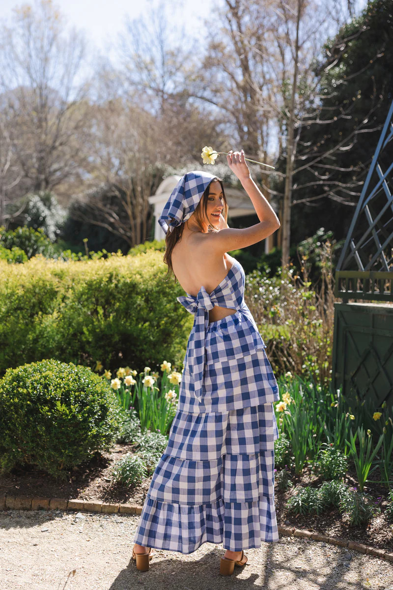 Ibiza Triple Tiered Tie Back Sundress Maxi | Navy/White Cotton Gingham | SUE SARTOR