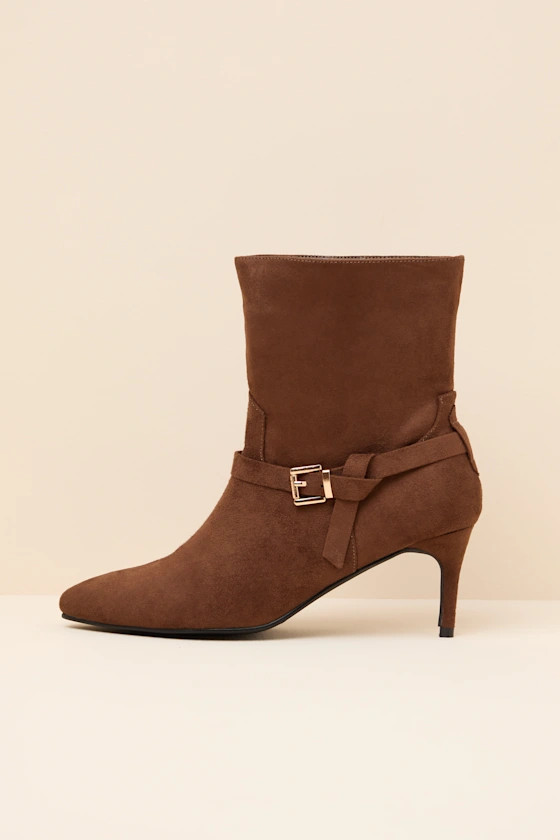 Jonelle Chocolate Suede Buckle High Heel Booties | Lulus