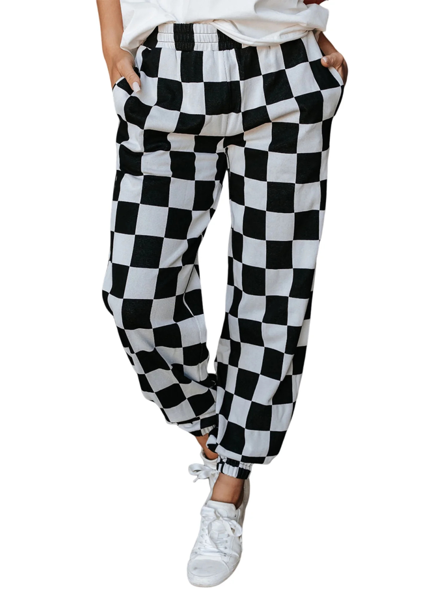 Qmyliery Women Sweatpants, Elastic Waist Plaid Pants Trousers with Pockets for Casual Daily | Walmart (US)