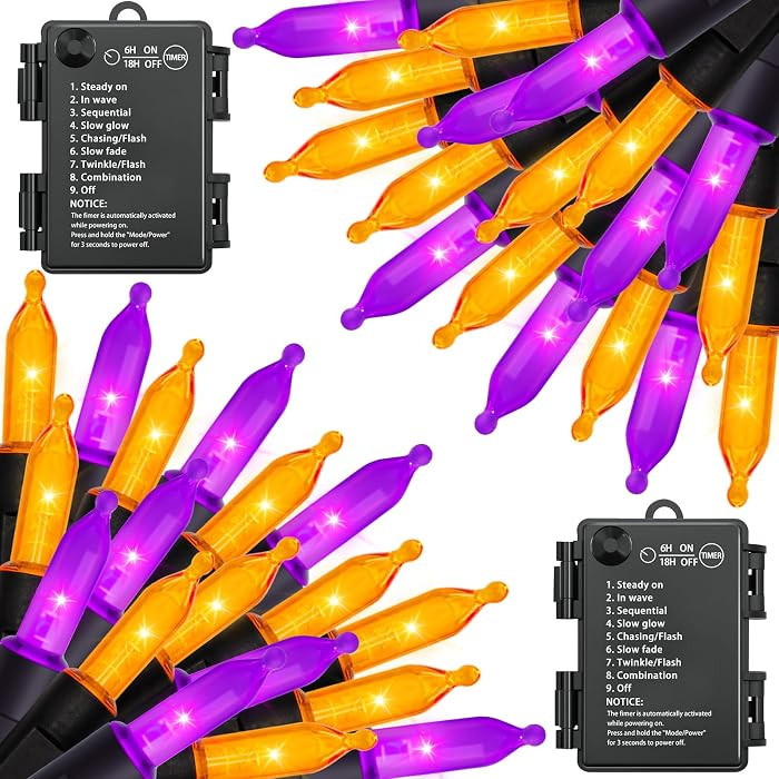 2 Pack 100 LED Halloween Lights Battery Operated, 34.8FT Orange Purple String Lights 8 Modes with... | Amazon (US)