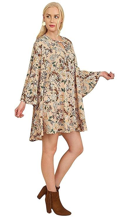 Umgee USA Boho Floral Print Hippie Dress Tunic with Keyhole Neckline and Bell Sleeves | Amazon (US)