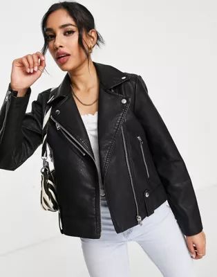 Topshop Petite faux leather moto jacket in black | ASOS (Global)