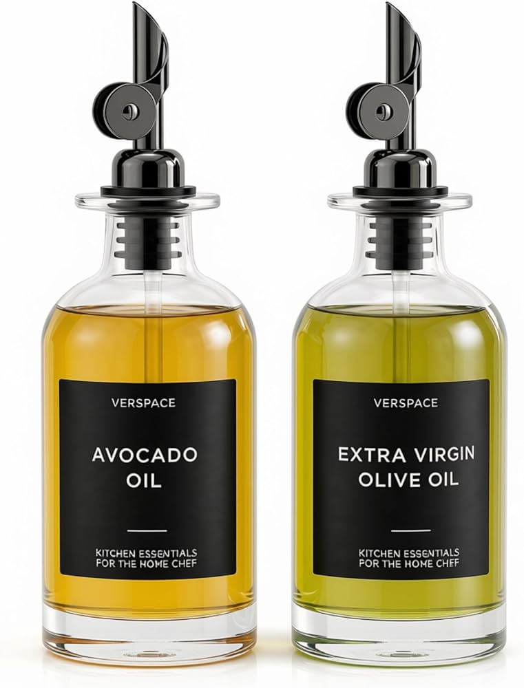 Verspace Clear Glass Olive Oil Dispenser Bottles For Kitchen - 2 Pack - 12oz Includes 42 Labels, ... | Amazon (US)
