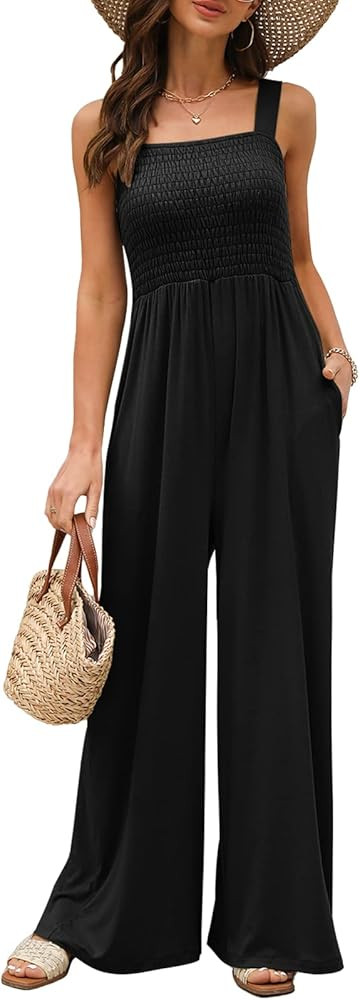 AUTOMET Jumpsuits for Women Casual Jumpers Summer Rompers Sleeveless Loose High Waist Wide Leg Ov... | Amazon (US)