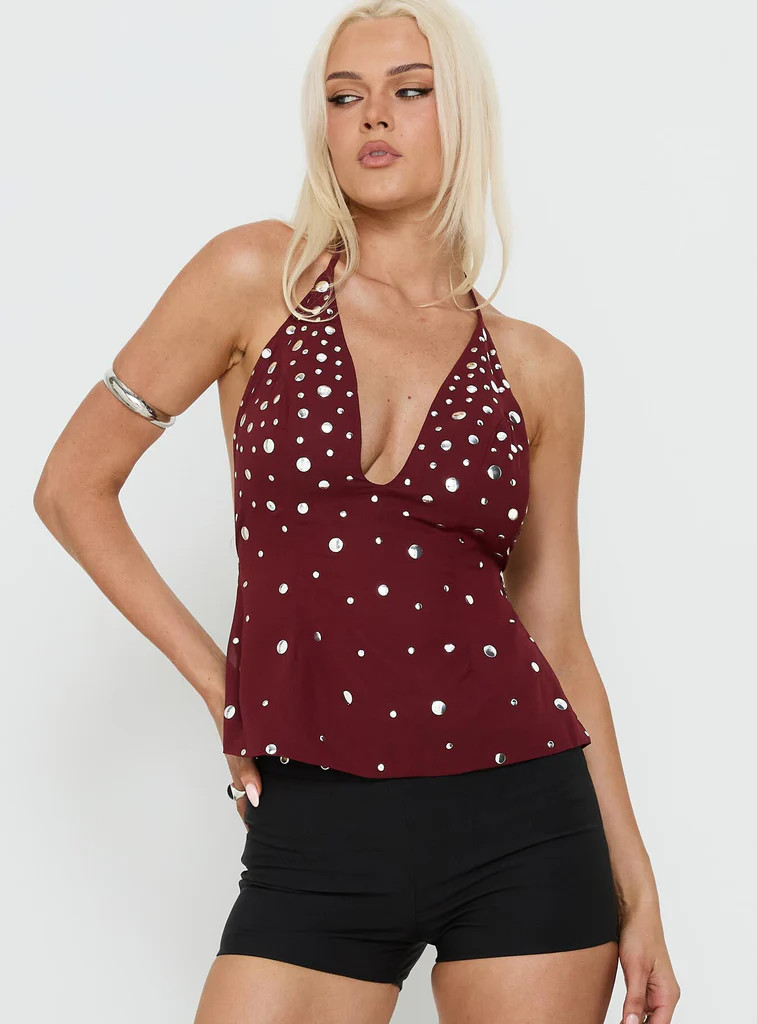 Tekapo Studded V-Neck Top Burgundy | Princess Polly US