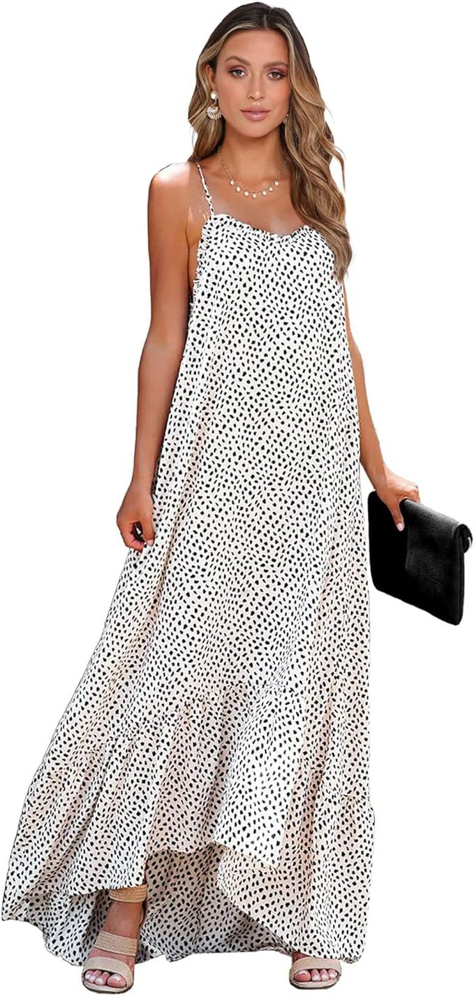 BTFBM Women Casual Summer Dresses 2023 Spaghetti Strap Sleeveless Sundress Print Ruffle Flowy Boh... | Amazon (US)
