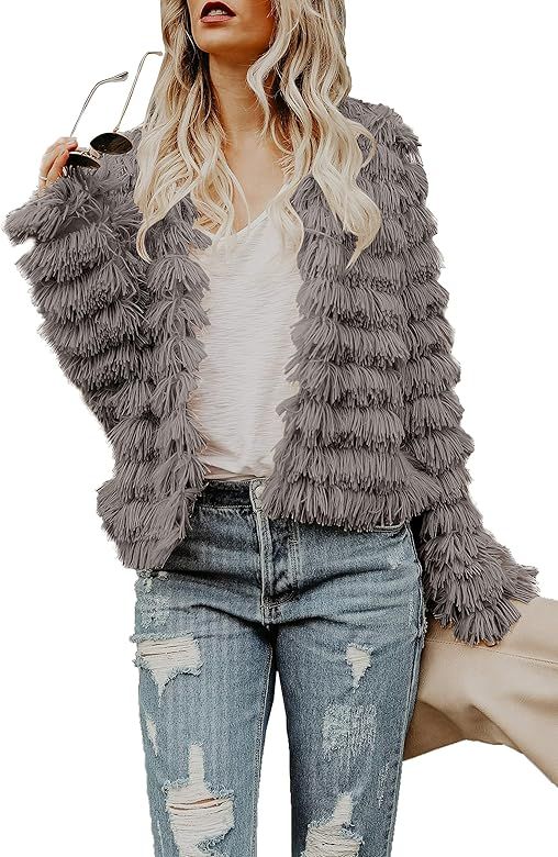 Womens Fall Faux Fur Coat Fluffy Jacket Tassels Cardigan Fuzzy Sweaters | Amazon (US)