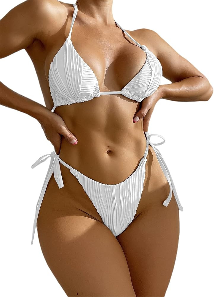 SheIn Women's Triangle Swimsuit Halter Top High Cut Thong Bikini Set Textured Tie Side Bathing Su... | Amazon (US)