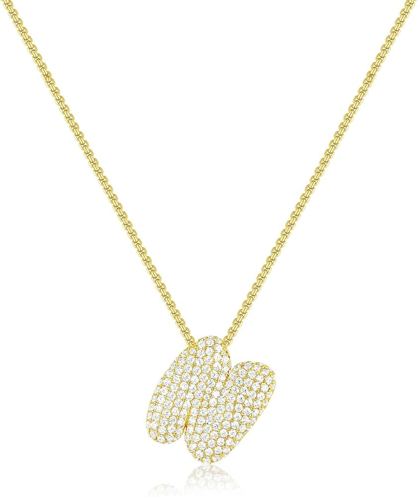 KissYan Bubble Letter Necklace, 14K Gold Plated Balloon Initial Pendant Box Chain Necklace Dainty... | Amazon (US)