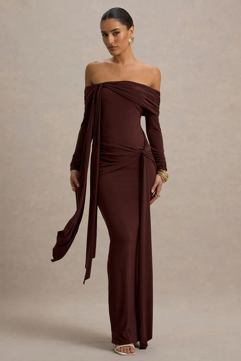 Jovie | Brown Bardot Wrap Maxi Dress With Sash Detail | Club L London
