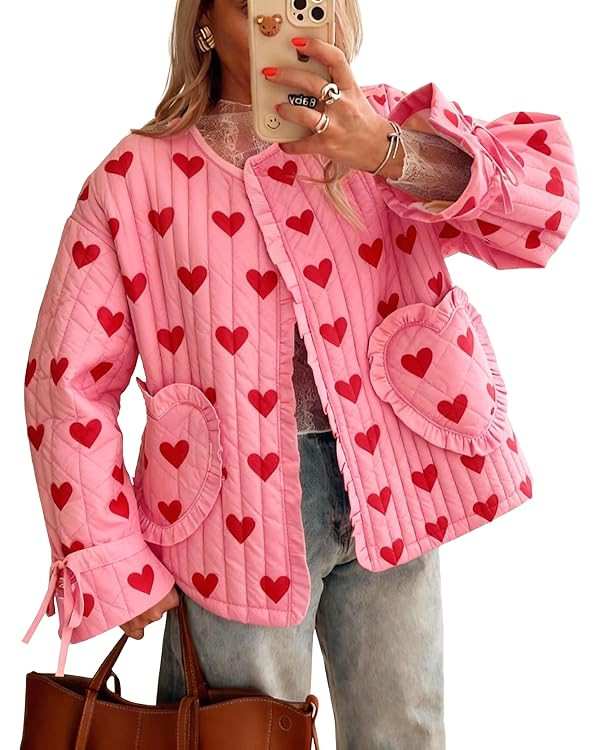 Tankaneo Womens Cropped Puffer Jacket Floral Print Open Front Quilted Jacket Bow Tie Heart Coat L... | Amazon (US)