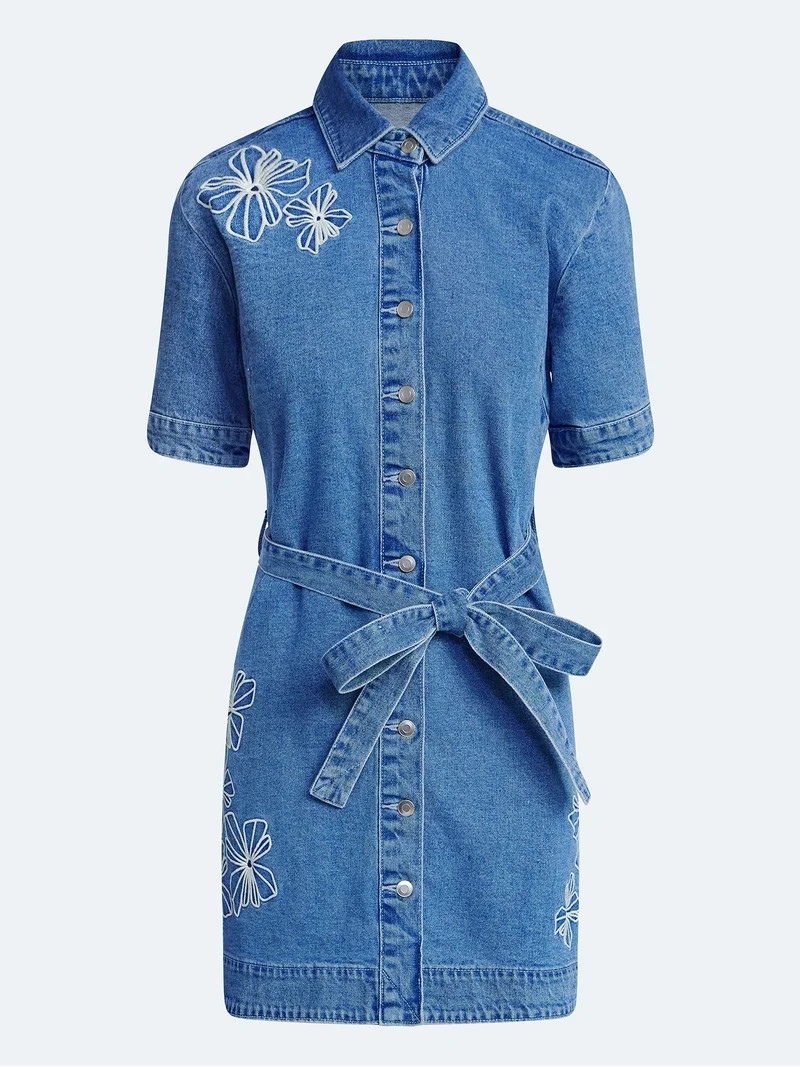 Free Assembly Women's and Women's Plus Embroidered Denim Mini Shirtdress with Belt, Sizes XS-4X | Walmart (US)