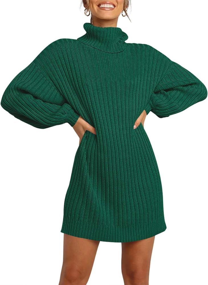 MILLCHIC Women Turtleneck Long Lantern Sleeve Sweater Dress Winter Casual Loose Knit Oversized Pu... | Amazon (US)